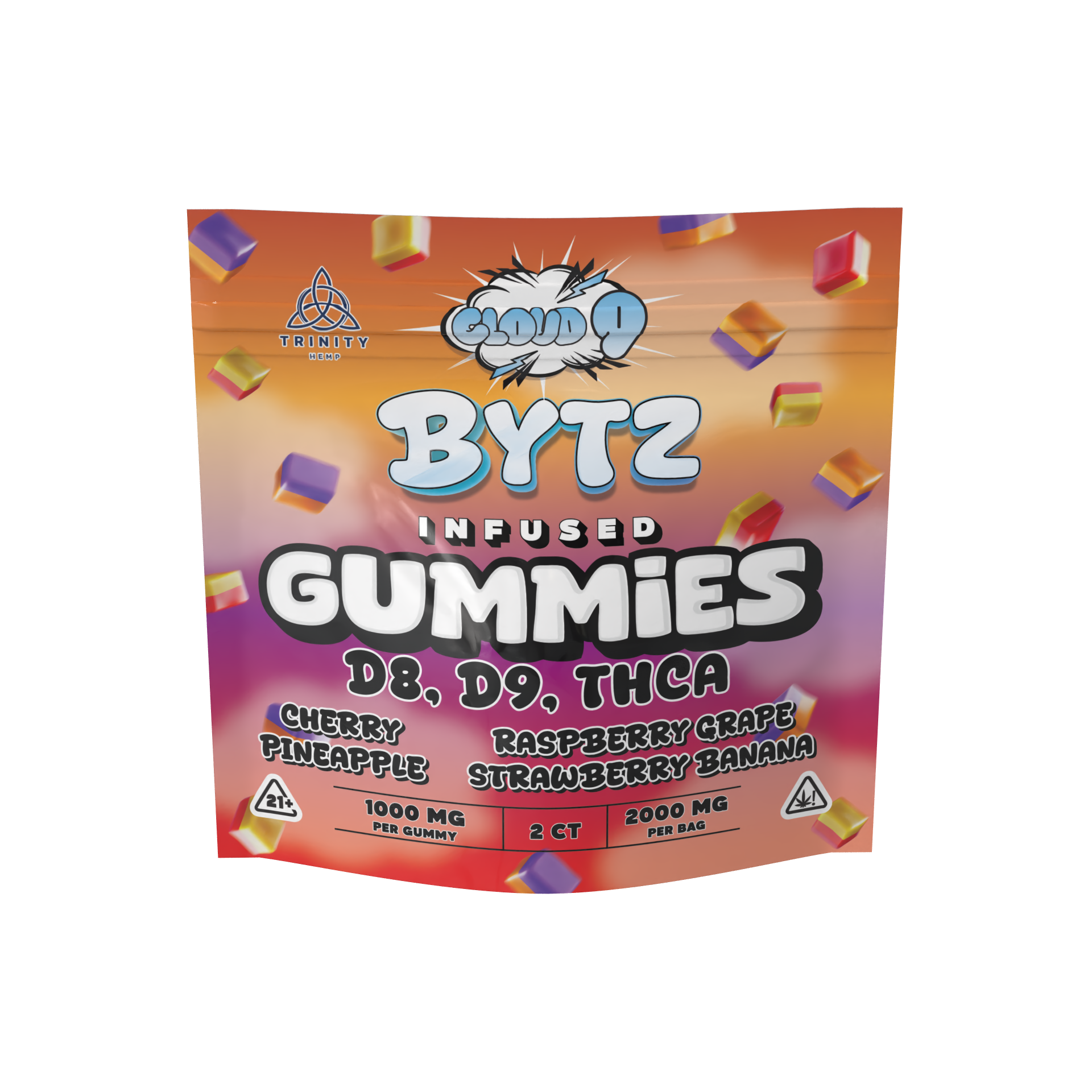 Packaging of Cloud 9 Bytz infused gummies with colorful design