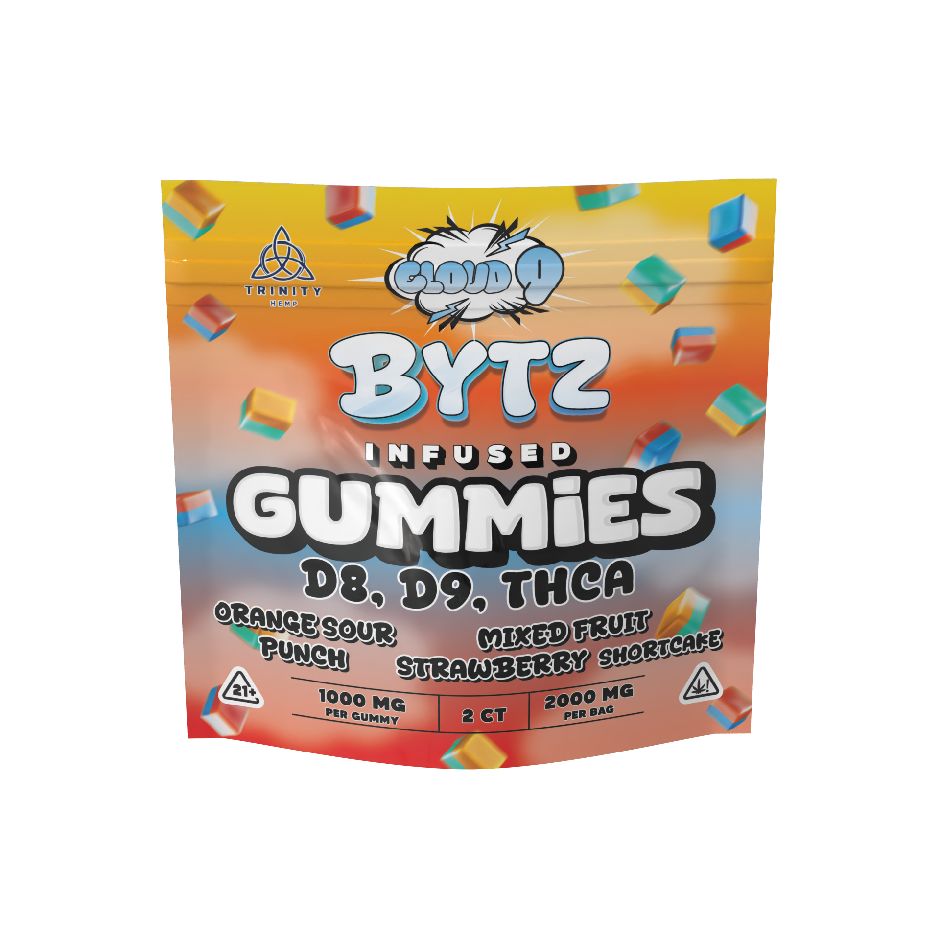 Packaging of BYTZ infused gummies with colorful design and product details.
