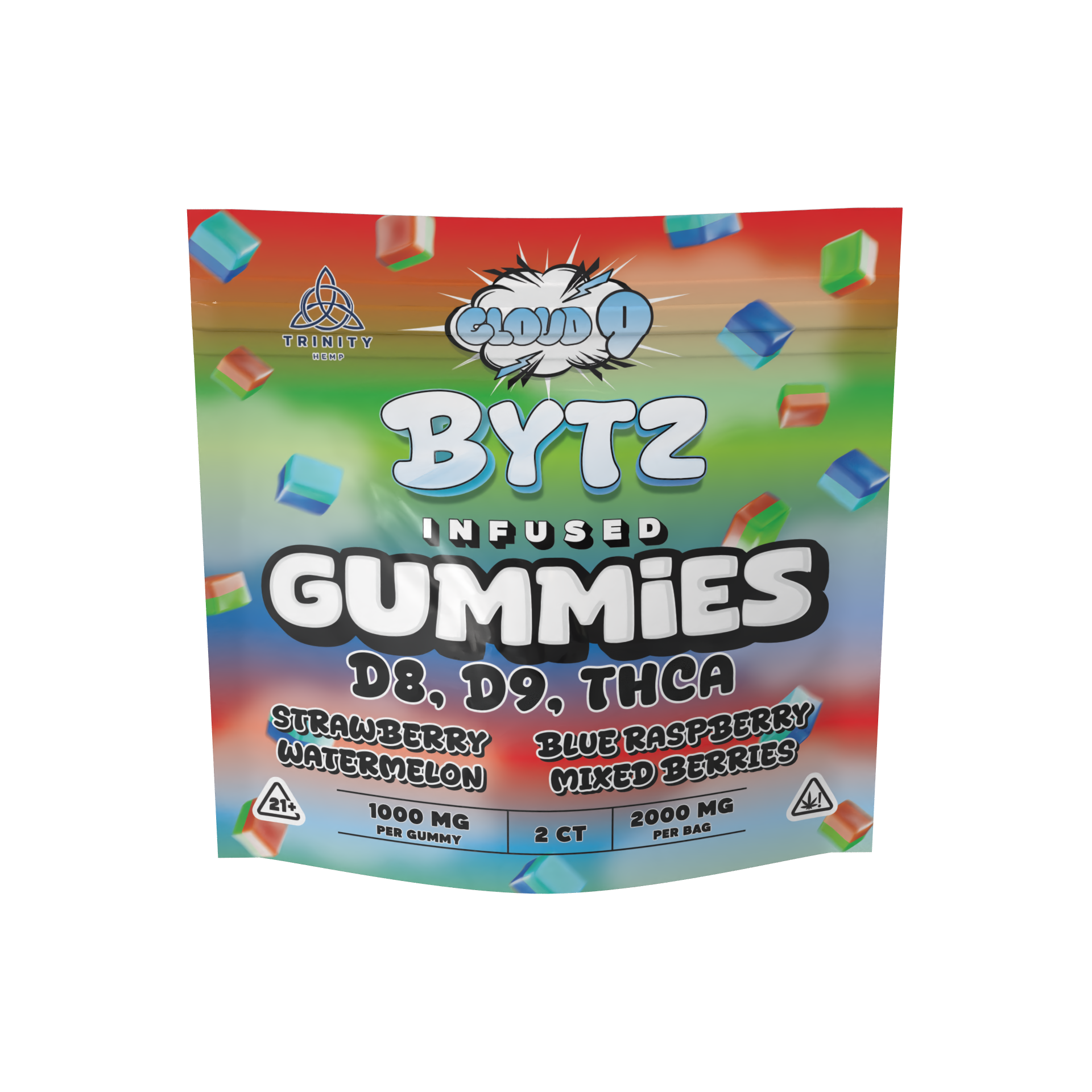 Colorful packaging of Cloud 9 Bytz Infused Gummies 