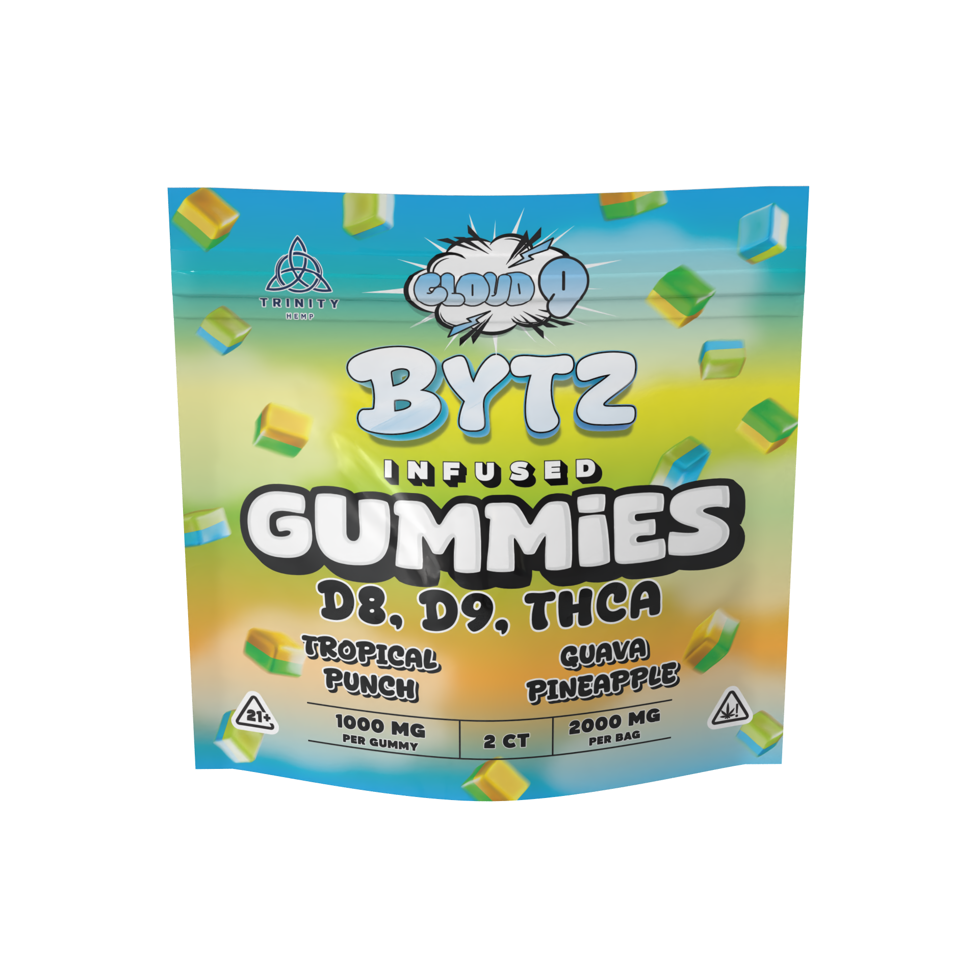 Packaging of BYTZ infused gummies with colorful design