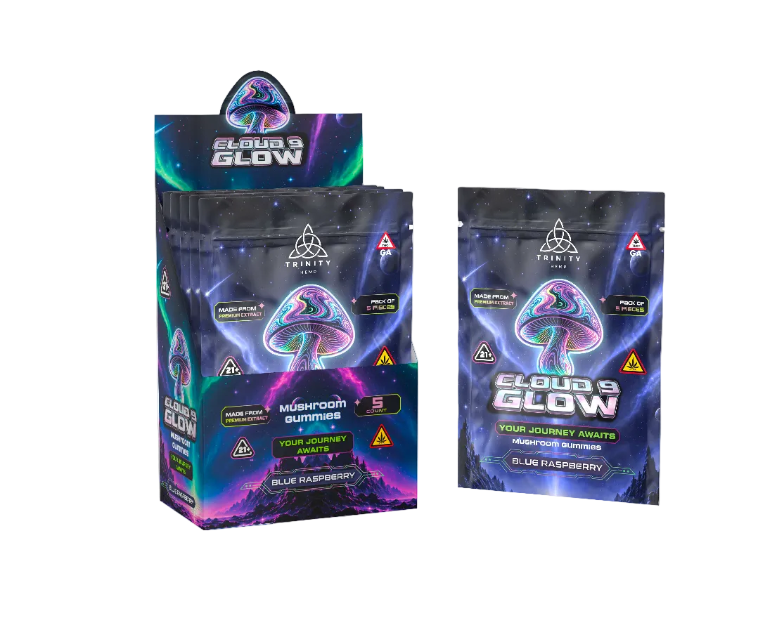 A display box and individual pouch of Skin Ty Cloud's Glow Mushroom Gummies 