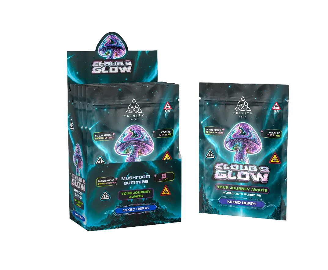 A display box and individual pouch of Trinity Cloud's Glow Mushroom Gummies 