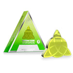 Green triangular packaging with a yellow product on a white background