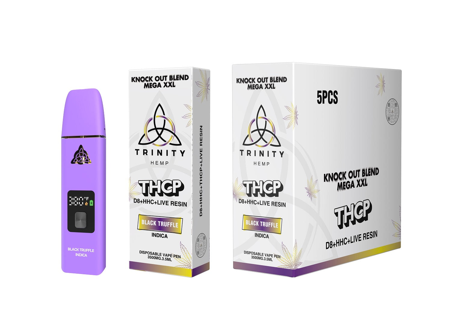 Purple vape device with Trinity Hemp packaging