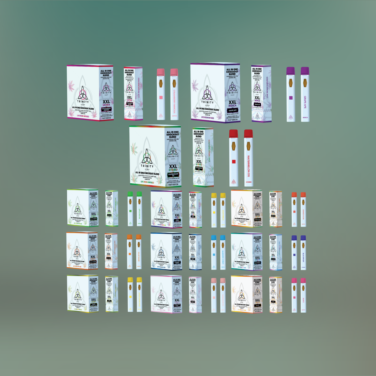 Various packaging of a product on a green background