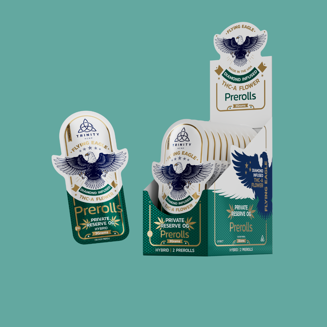 Display of Flying Eagle prerolls packaging on a teal background