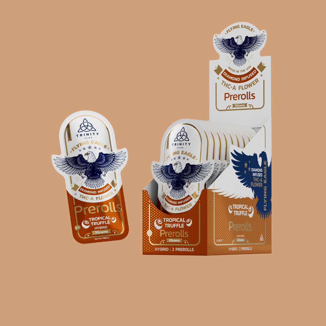 Packaging of Flying Eagle Prerolls with a brown background