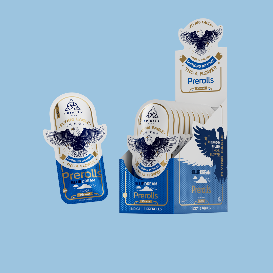 Display of Prerolls packaging with a blue background