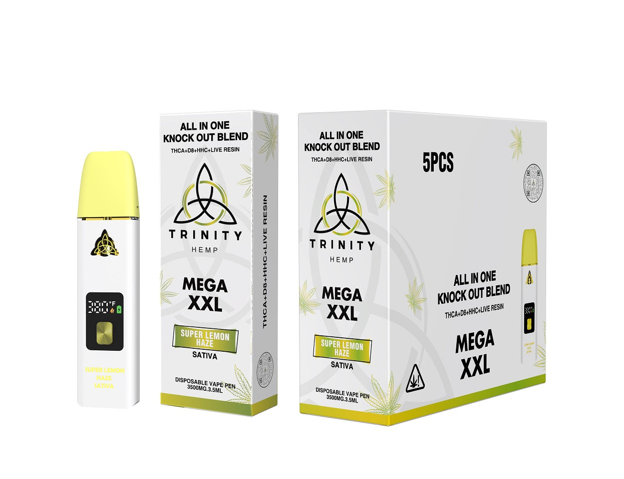Trinity Hemp vape device and packaging on a white background